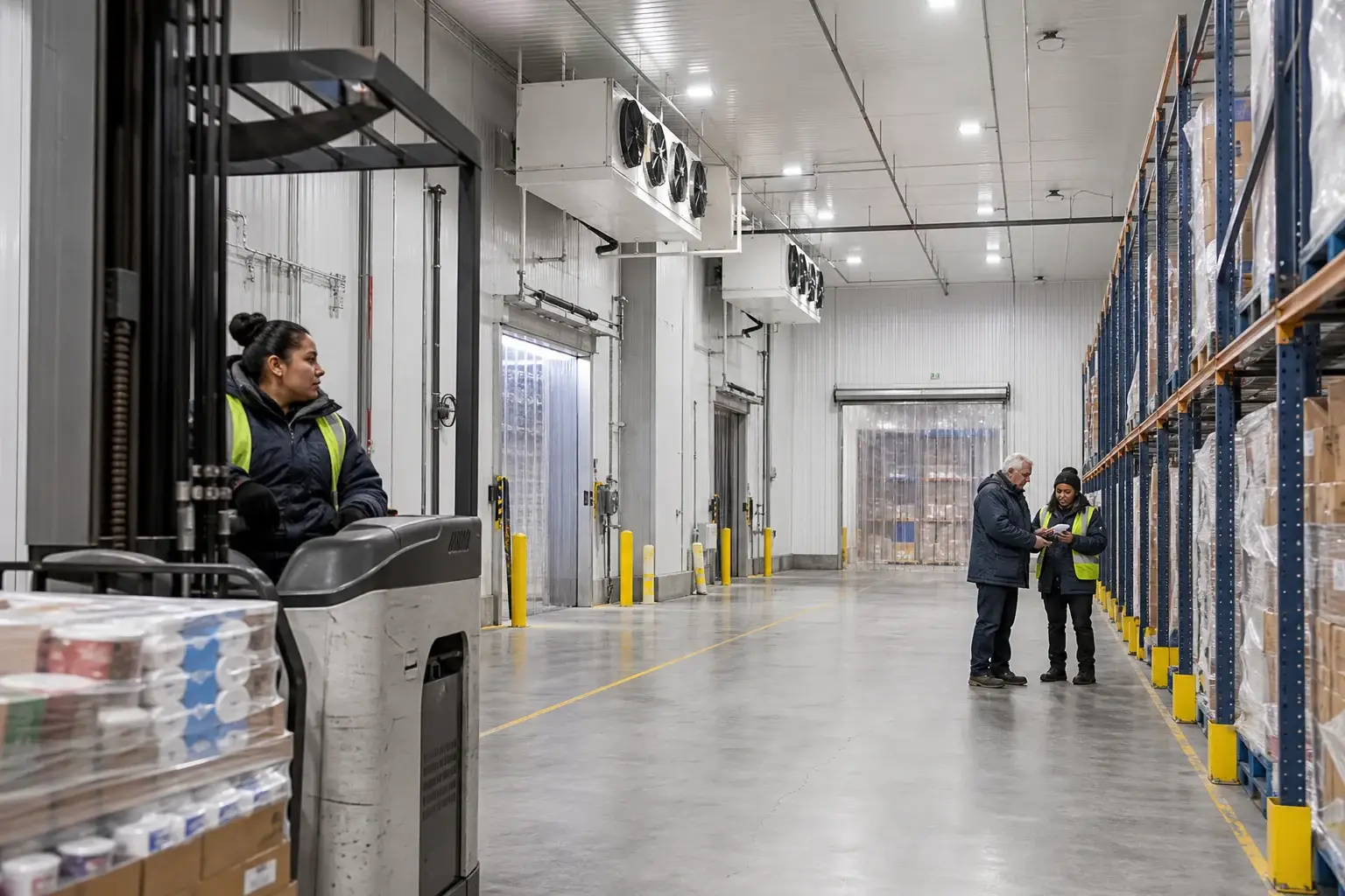 American cold storage warehouse with forklift and inventory operations