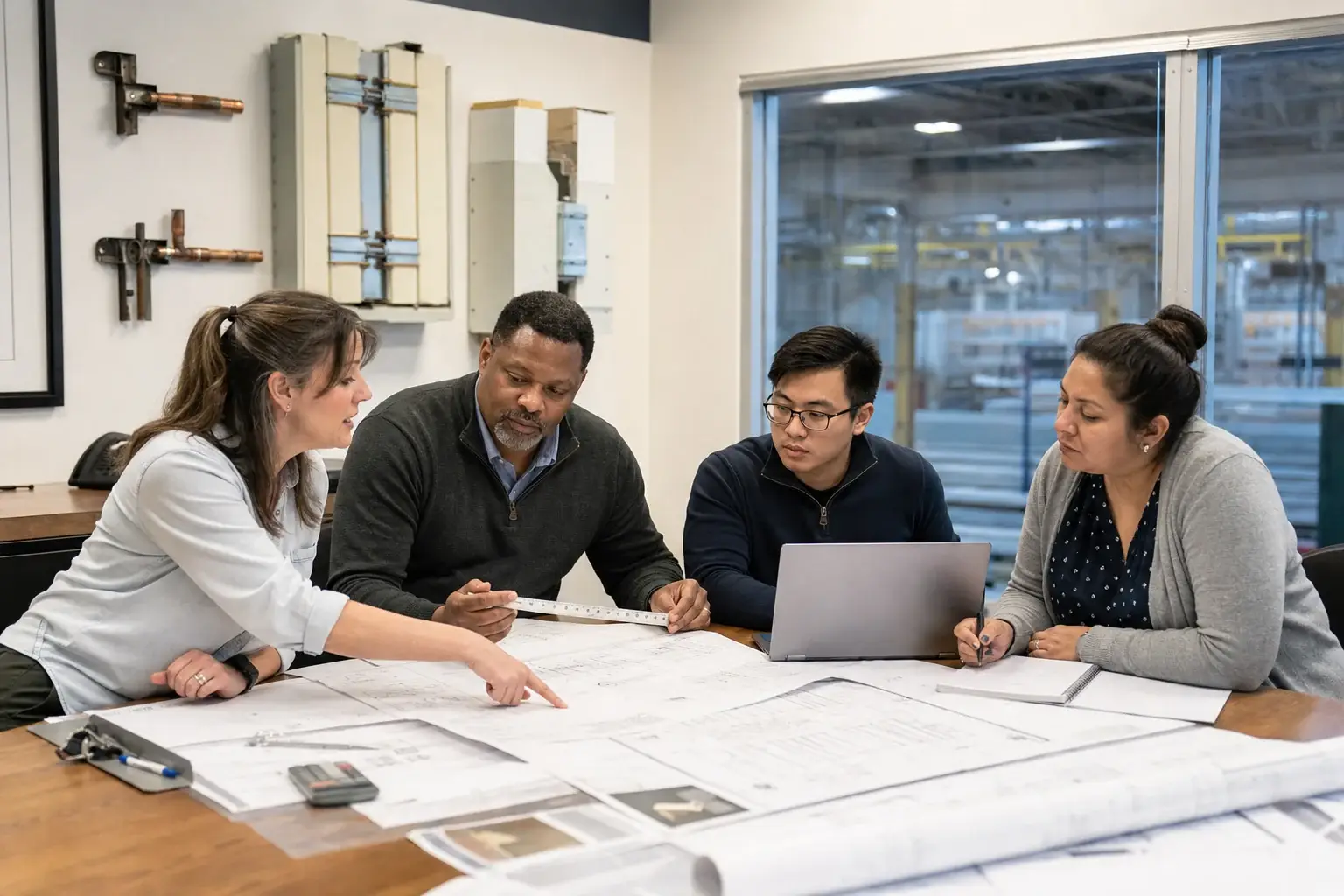American engineering team reviewing refrigeration and cold storage project drawings
