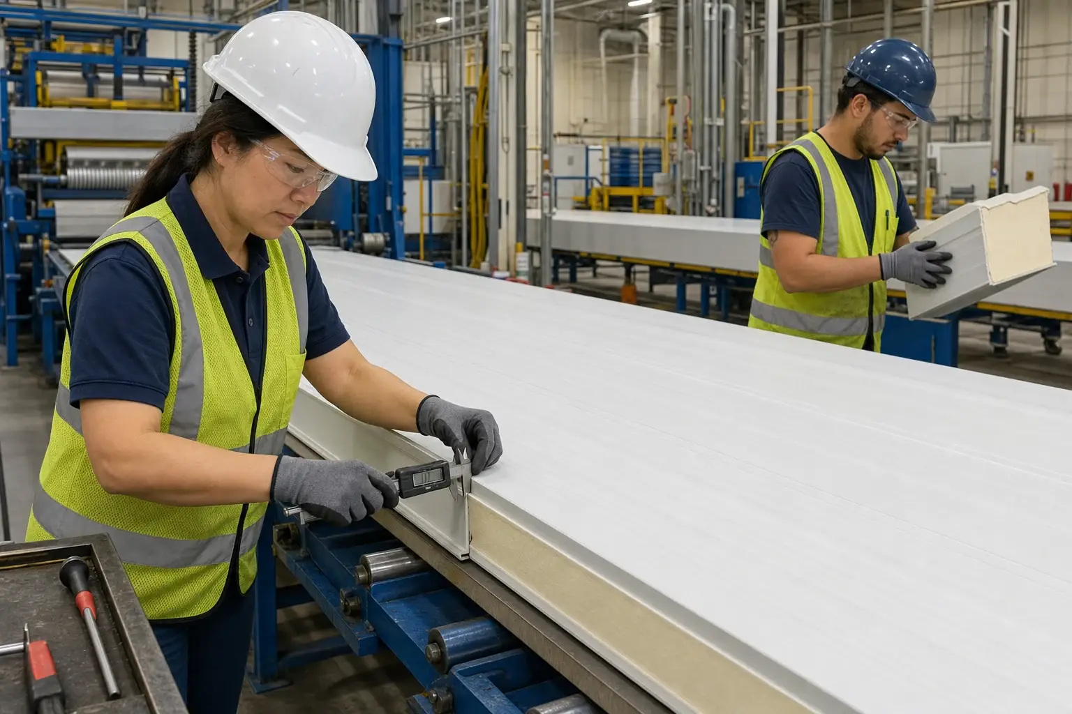U.S. quality team inspecting an insulated metal panel production line