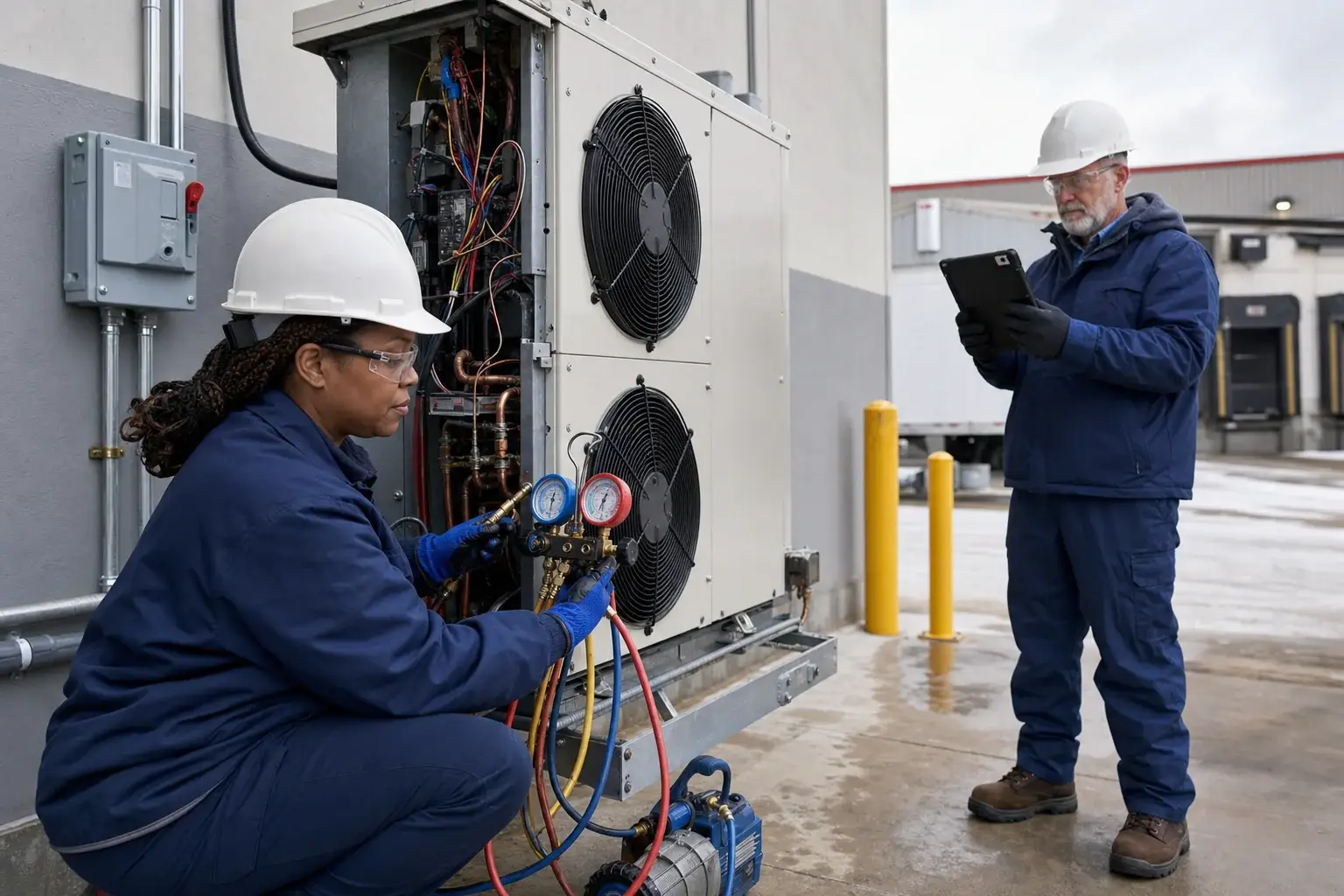 U.S. refrigeration technicians commissioning a commercial condensing unit