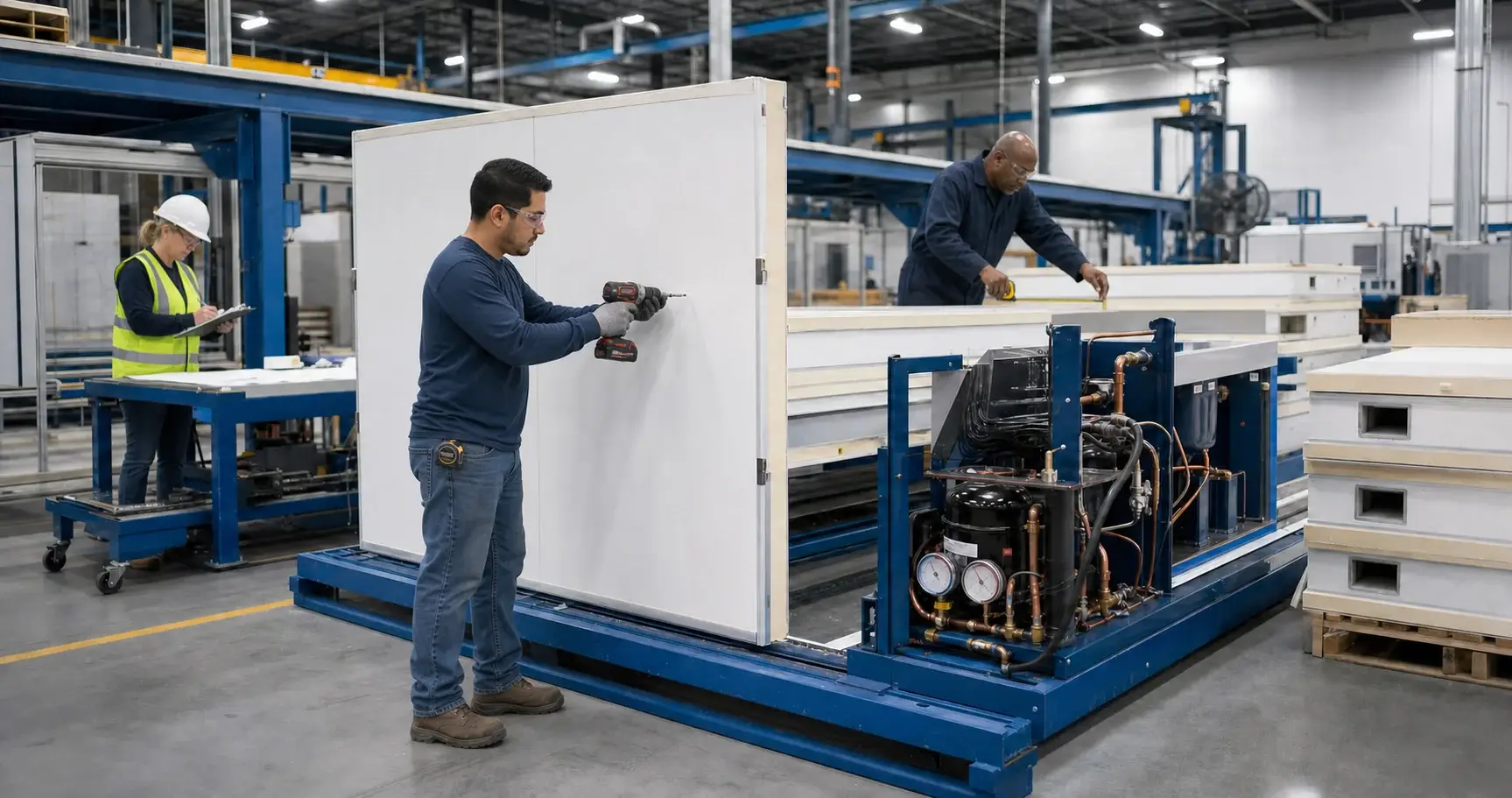 Diverse American manufacturing team assembling refrigeration and insulated panel systems